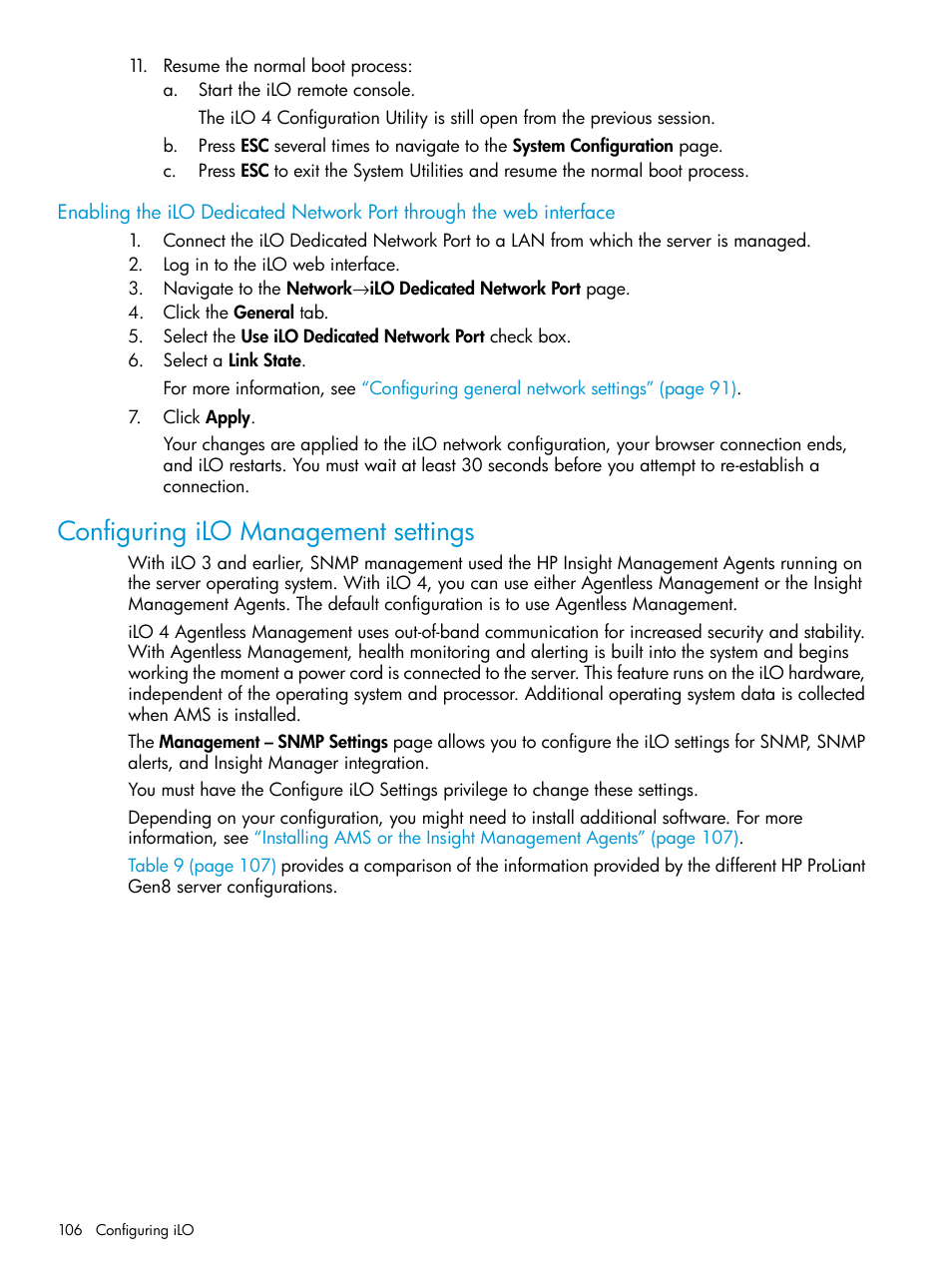 Configuring ilo management settings, Enabling the ilo dedicated network port | HP Integrated Lights-Out 4 User Manual | Page 106 / 356