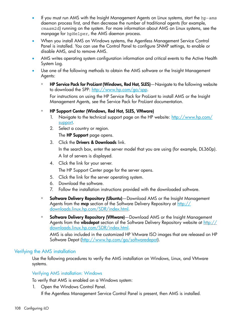 Verifying the ams installation, Verifying ams installation: windows | HP Integrated Lights-Out 4 User Manual | Page 108 / 356