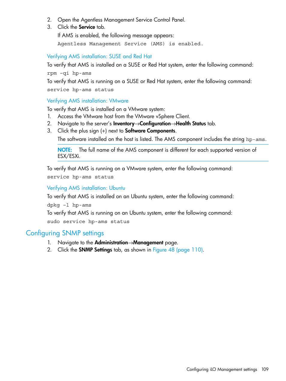 Verifying ams installation: suse and red hat, Verifying ams installation: vmware, Verifying ams installation: ubuntu | Configuring snmp settings | HP Integrated Lights-Out 4 User Manual | Page 109 / 356