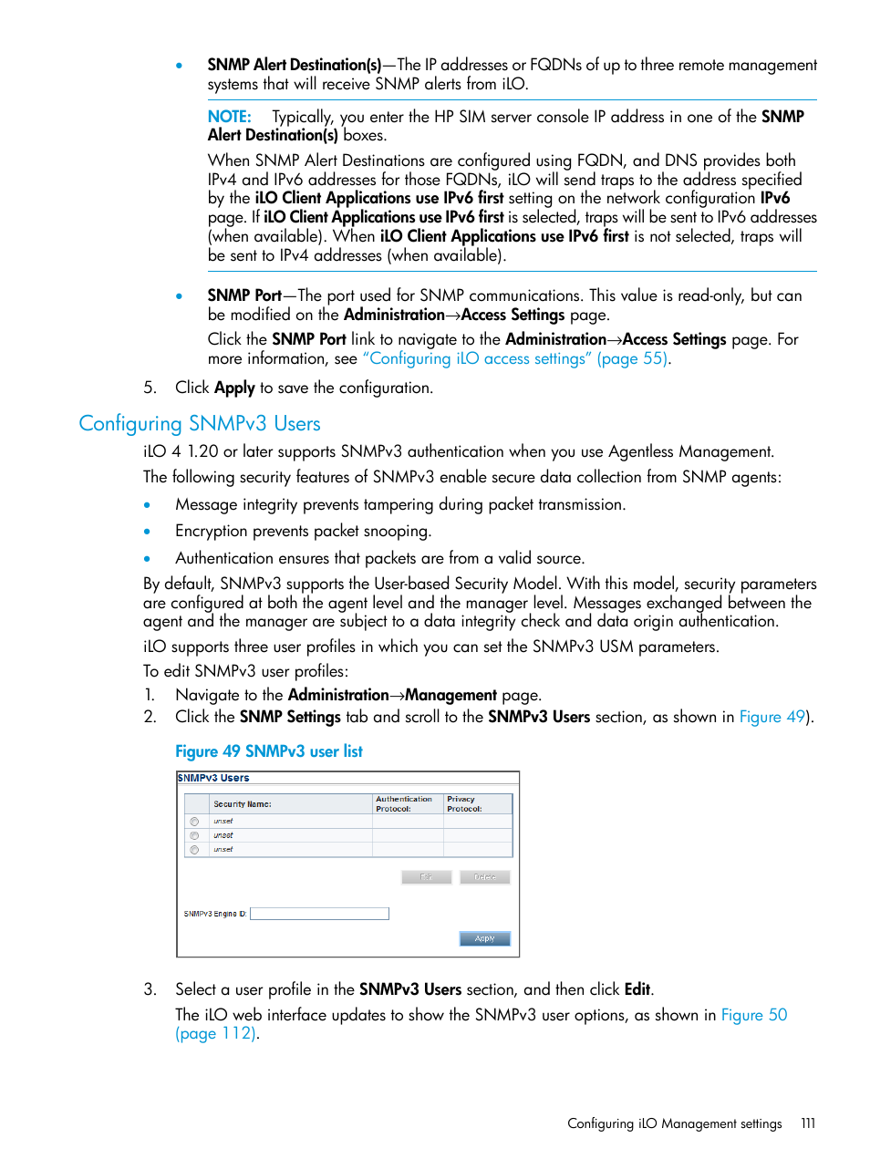 Configuring snmpv3 users | HP Integrated Lights-Out 4 User Manual | Page 111 / 356