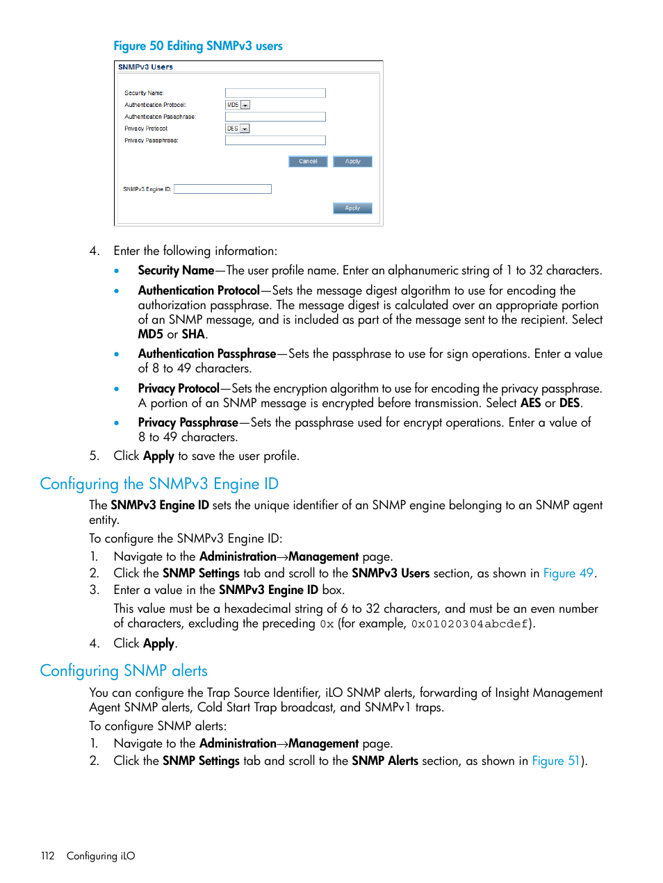Configuring the snmpv3 engine id, Configuring snmp alerts, Figure 50 | HP Integrated Lights-Out 4 User Manual | Page 112 / 356