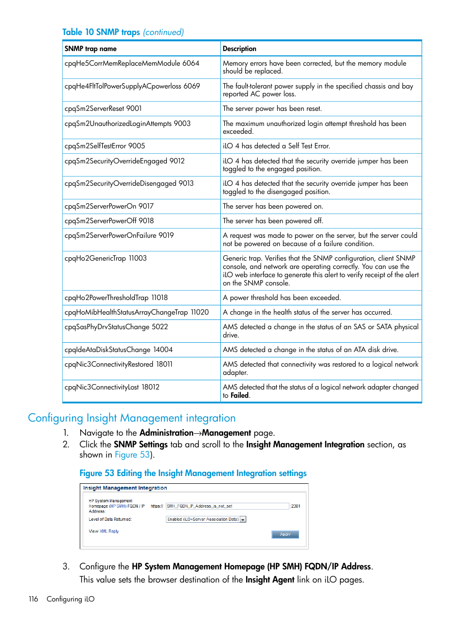 Configuring insight management integration | HP Integrated Lights-Out 4 User Manual | Page 116 / 356