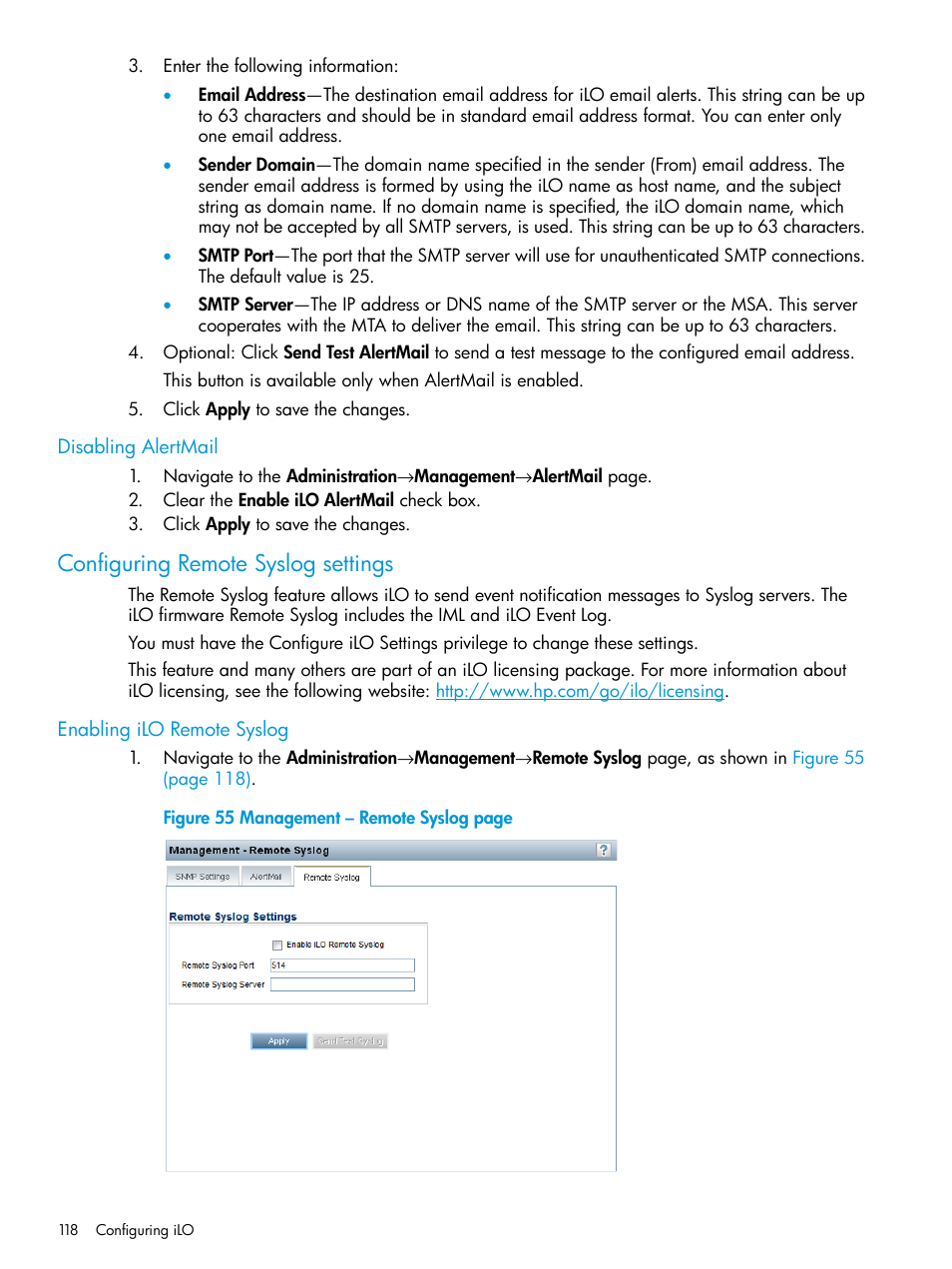 Disabling alertmail, Configuring remote syslog settings, Enabling ilo remote syslog | HP Integrated Lights-Out 4 User Manual | Page 118 / 356