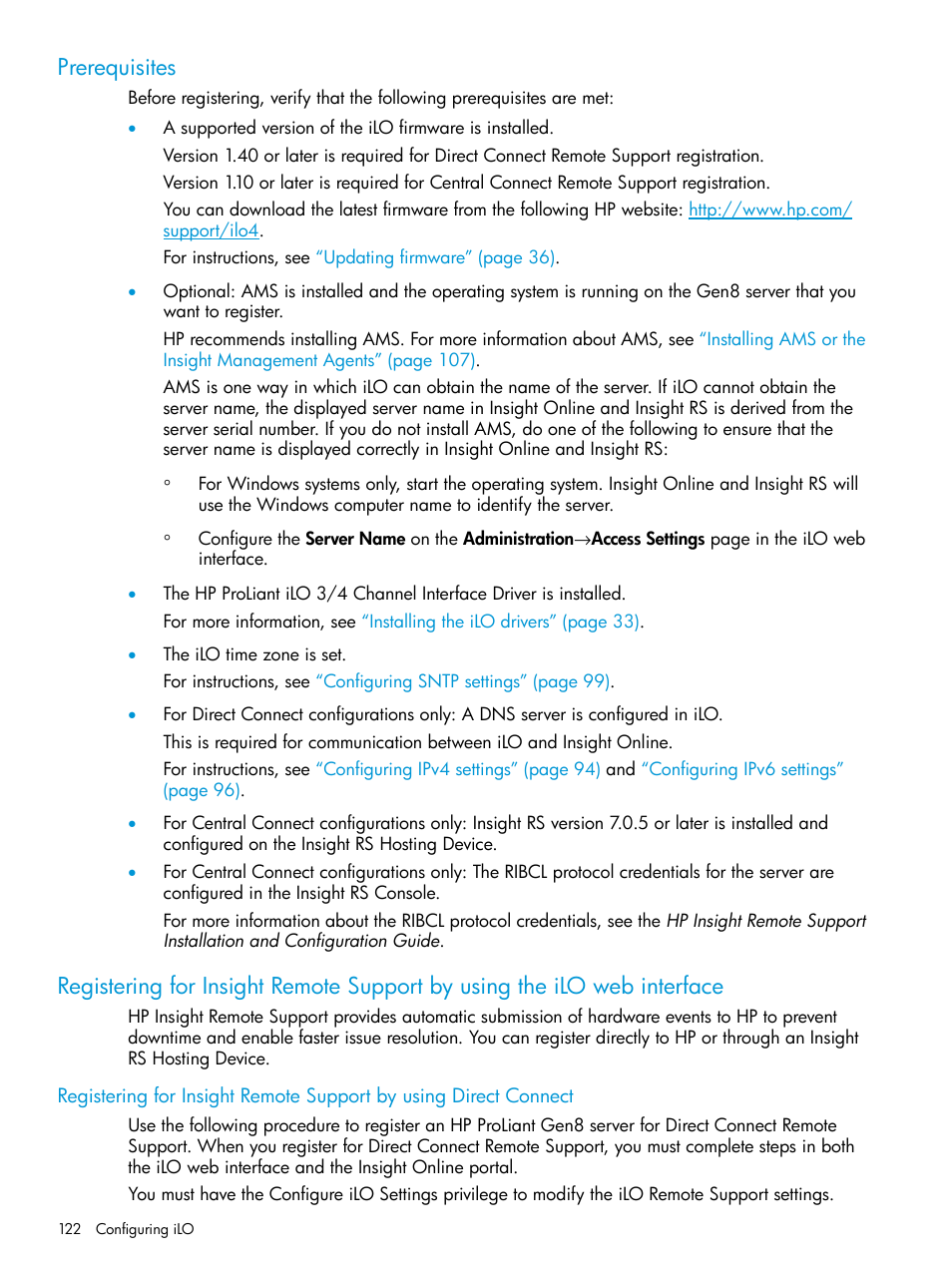 Prerequisites, Registering for insight remote support by | HP Integrated Lights-Out 4 User Manual | Page 122 / 356