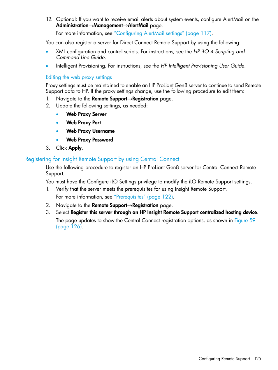 Editing the web proxy settings, Registering for insight remote | HP Integrated Lights-Out 4 User Manual | Page 125 / 356