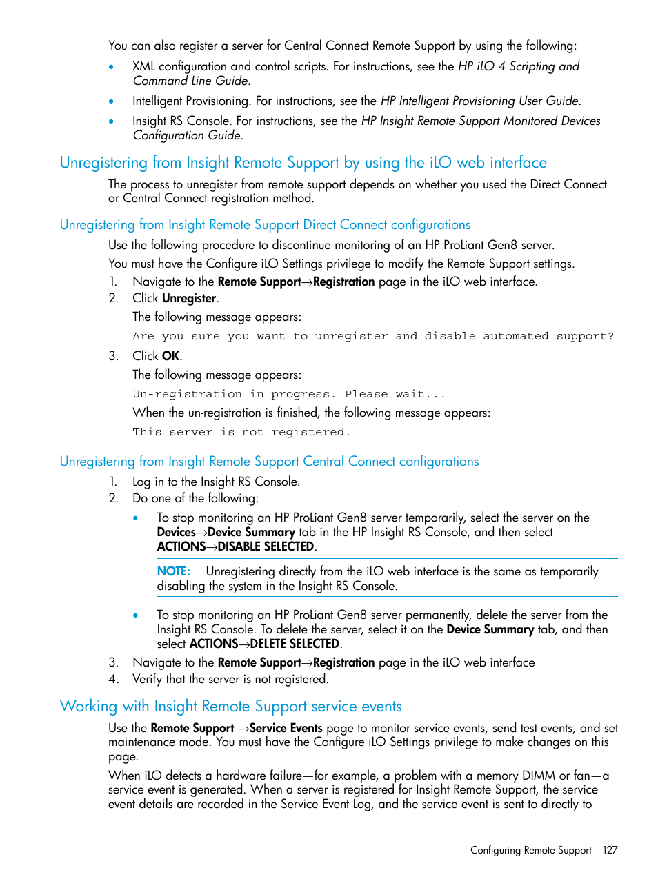 Working with insight remote support service events | HP Integrated Lights-Out 4 User Manual | Page 127 / 356