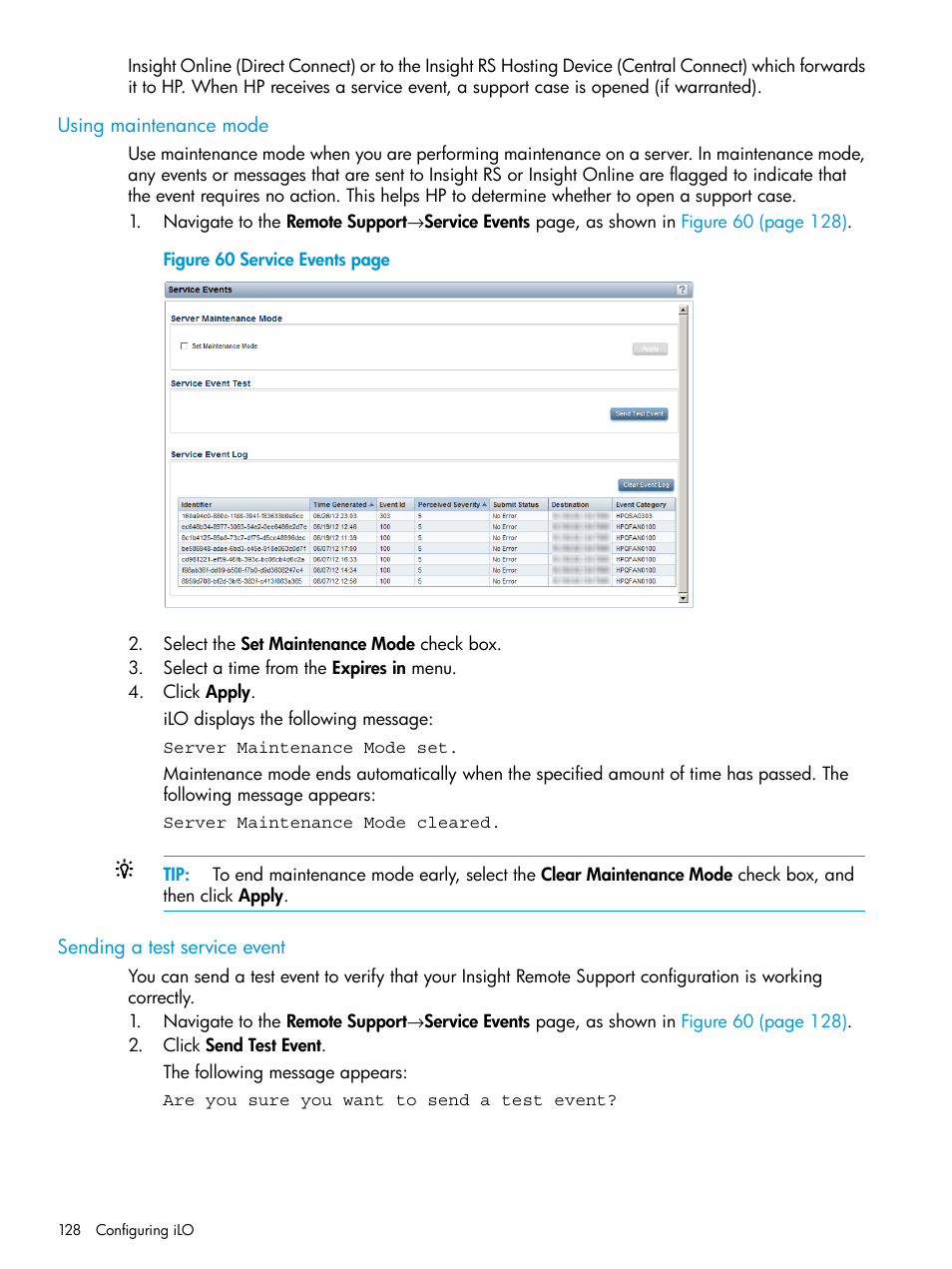 Using maintenance mode, Sending a test service event | HP Integrated Lights-Out 4 User Manual | Page 128 / 356