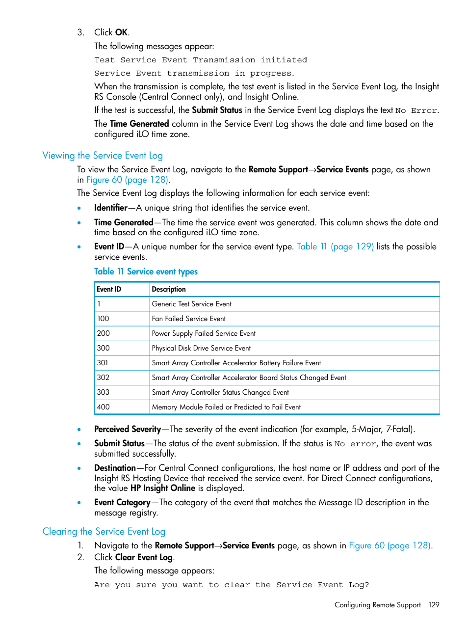 Viewing the service event log, Clearing the service event log | HP Integrated Lights-Out 4 User Manual | Page 129 / 356