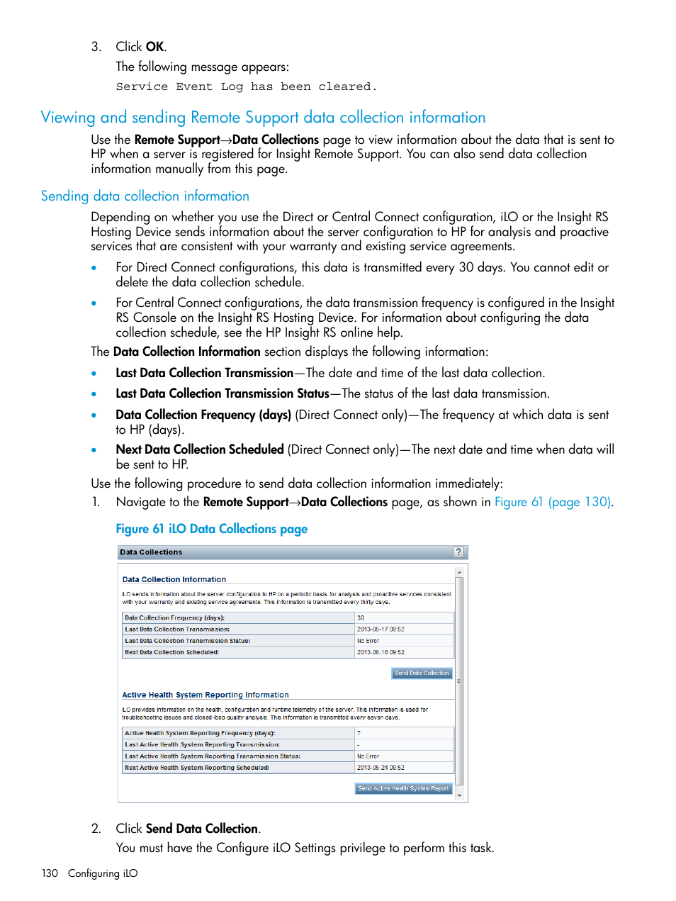 Sending data collection information | HP Integrated Lights-Out 4 User Manual | Page 130 / 356