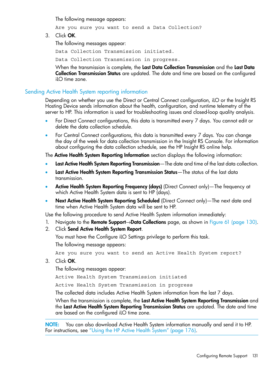 Sending active health system reporting information | HP Integrated Lights-Out 4 User Manual | Page 131 / 356