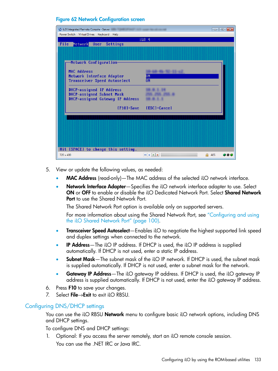 Configuring dns/dhcp settings | HP Integrated Lights-Out 4 User Manual | Page 133 / 356