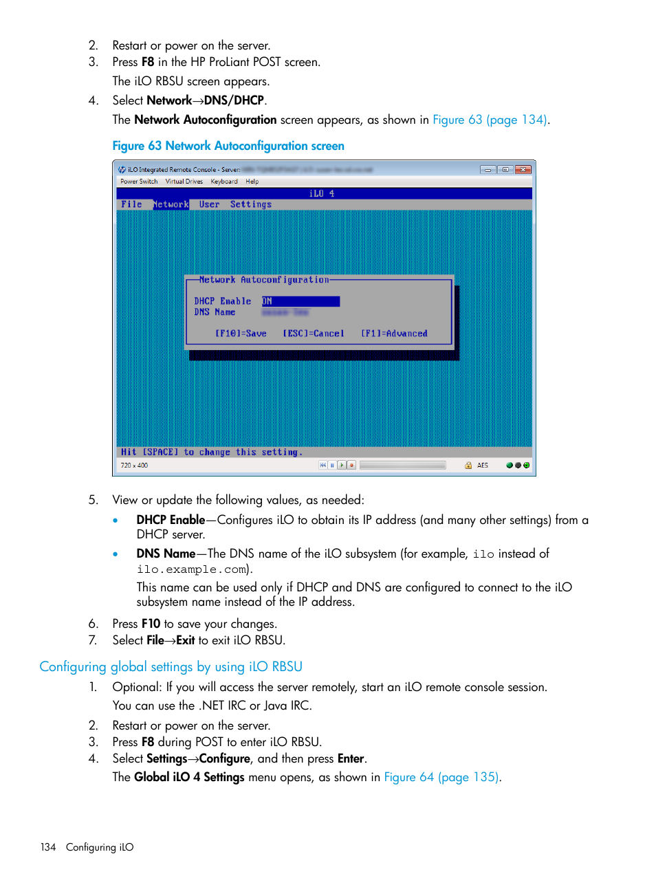 Configuring global settings by using ilo rbsu | HP Integrated Lights-Out 4 User Manual | Page 134 / 356