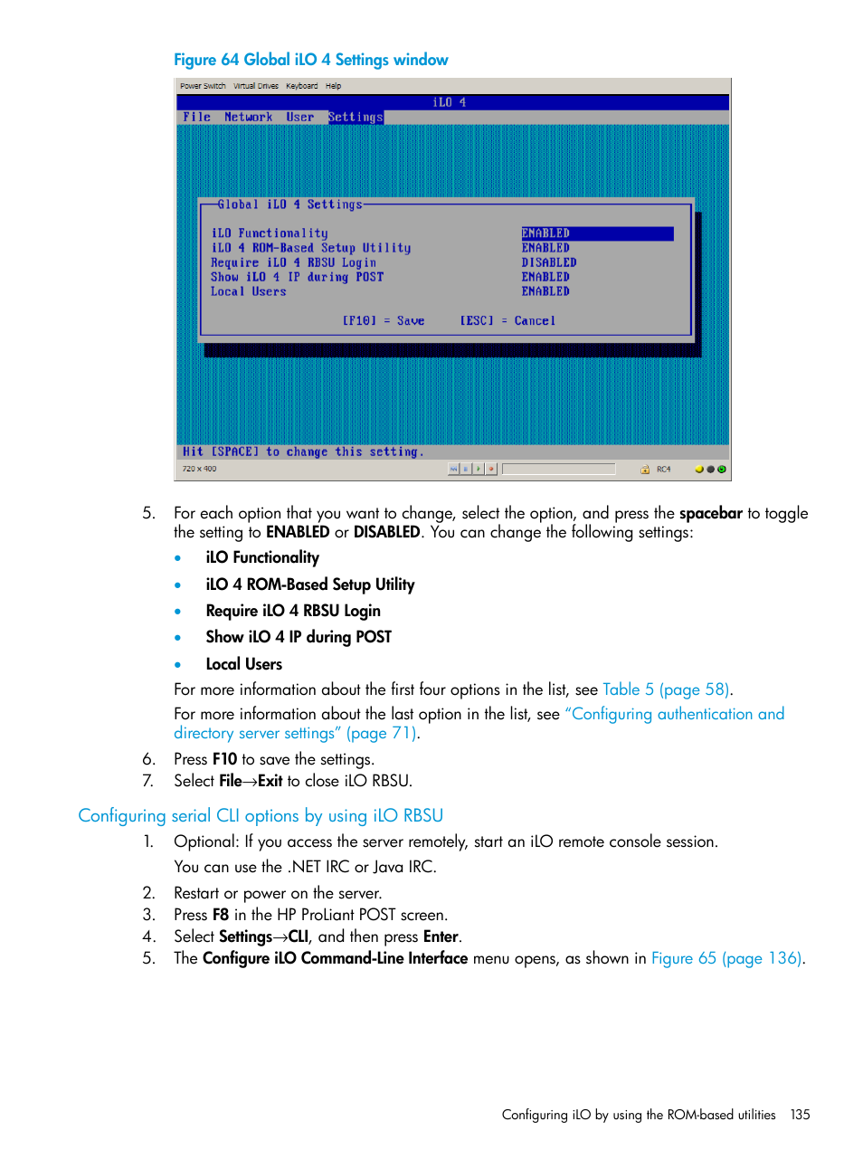 Configuring serial cli options by using ilo rbsu | HP Integrated Lights-Out 4 User Manual | Page 135 / 356