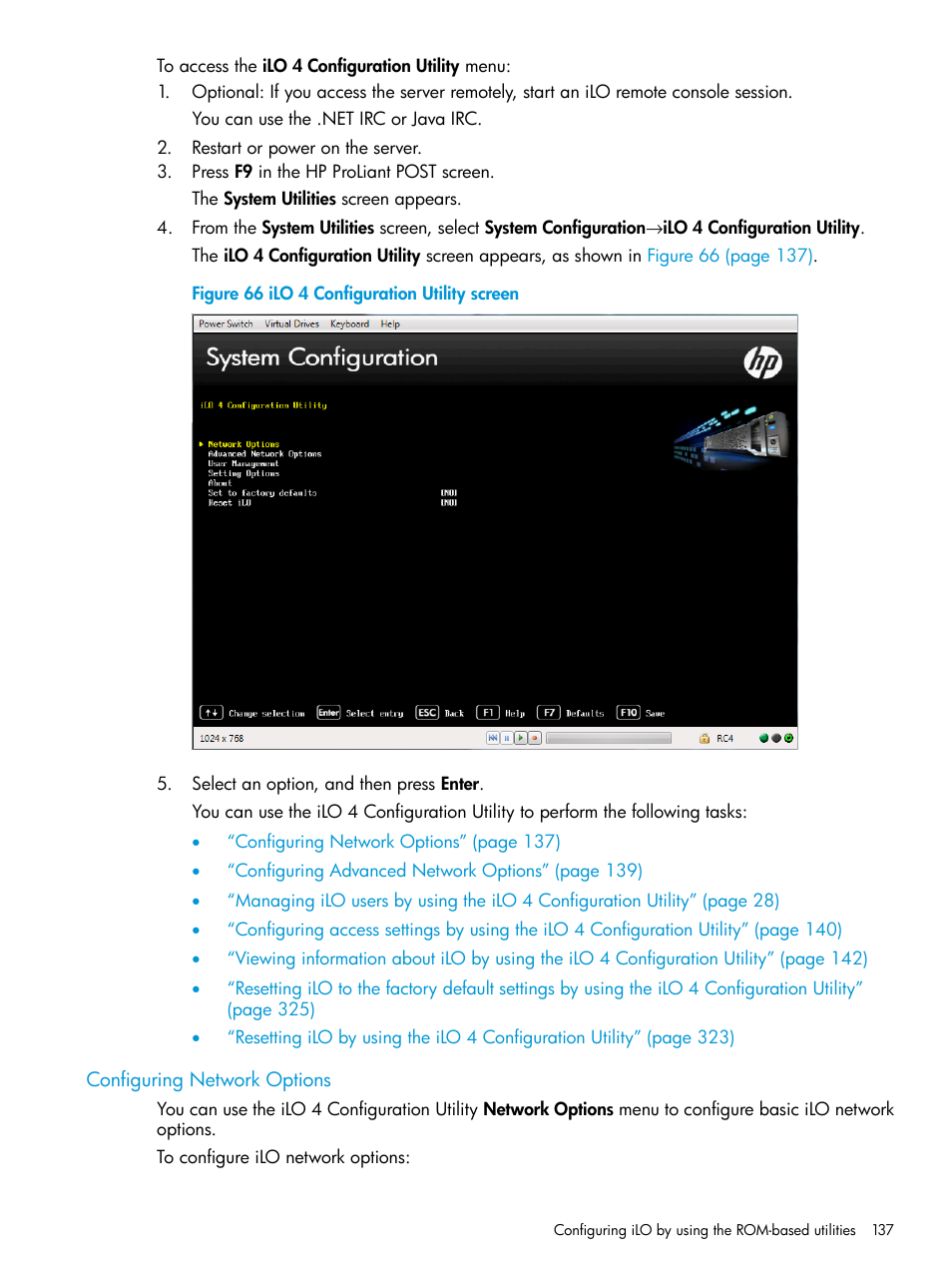 Configuring network options | HP Integrated Lights-Out 4 User Manual | Page 137 / 356