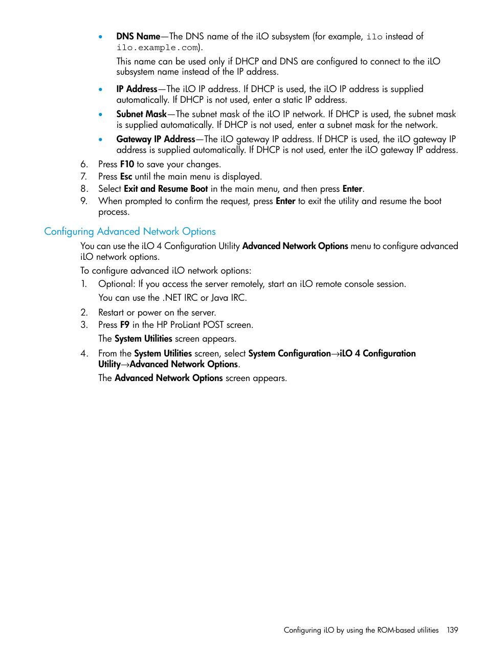 Configuring advanced network options | HP Integrated Lights-Out 4 User Manual | Page 139 / 356