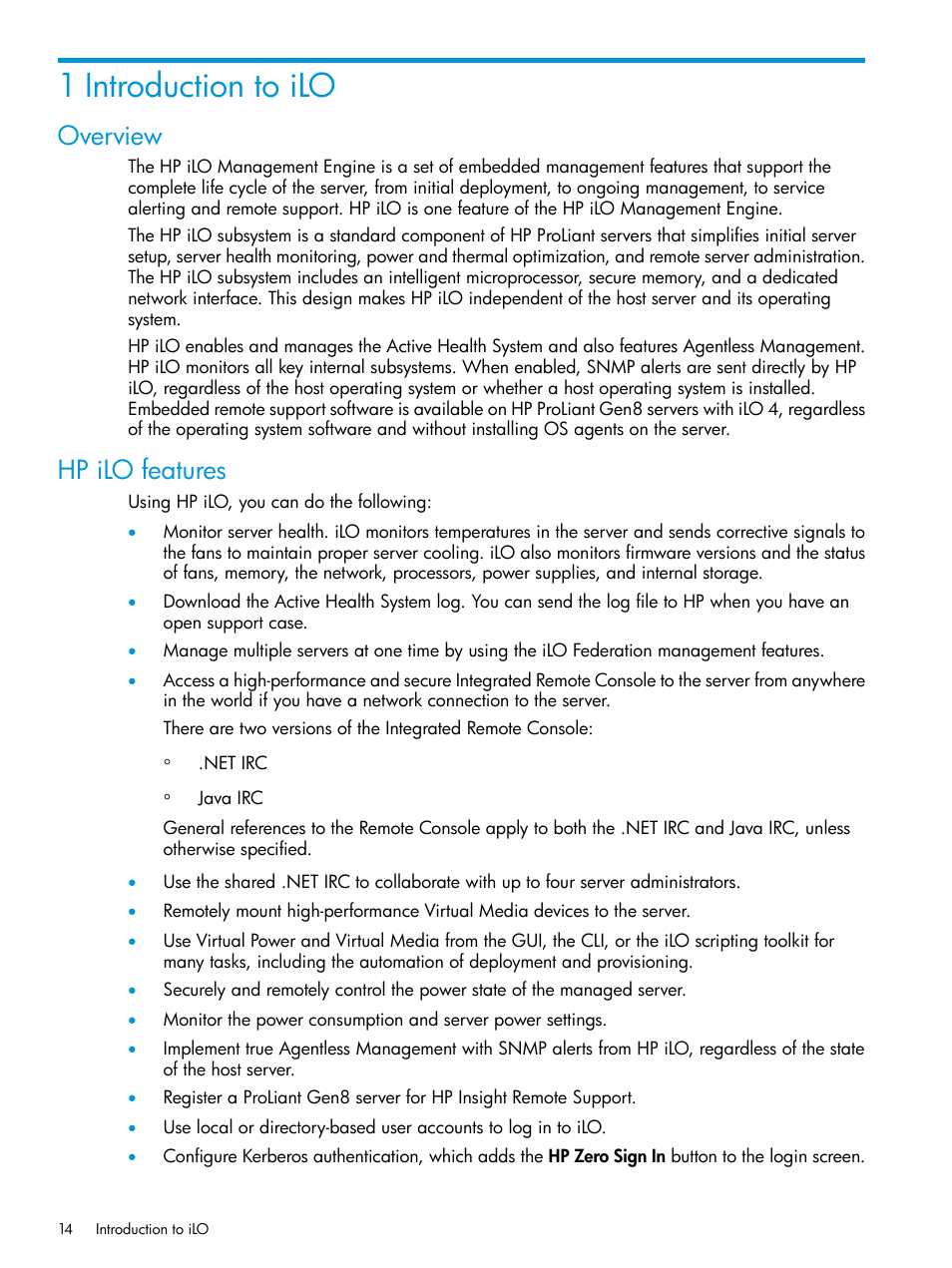 1 introduction to ilo, Overview, Hp ilo features | Overview hp ilo features | HP Integrated Lights-Out 4 User Manual | Page 14 / 356