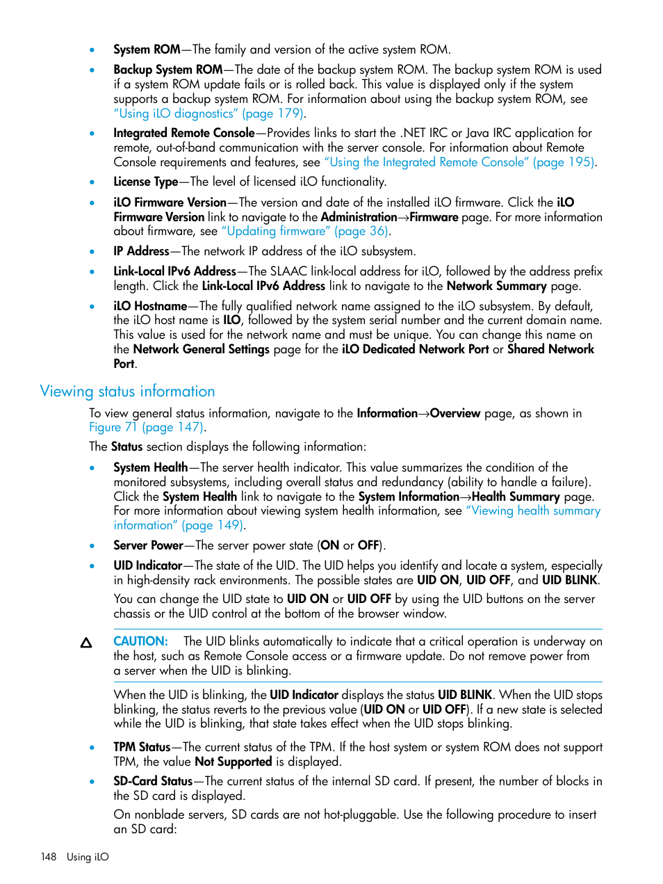 Viewing status information | HP Integrated Lights-Out 4 User Manual | Page 148 / 356