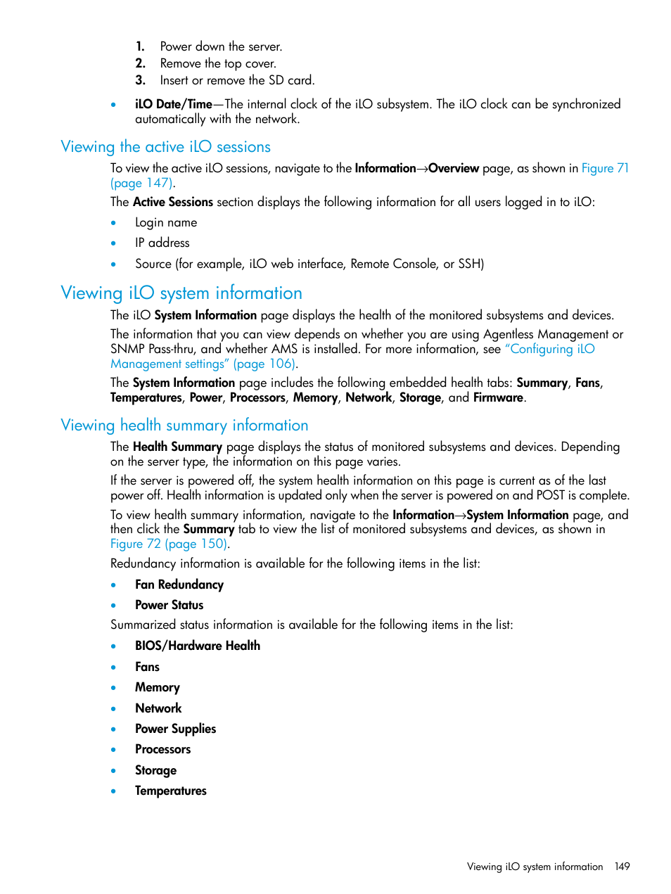 Viewing the active ilo sessions, Viewing ilo system information, Viewing health summary information | Viewing health summary | HP Integrated Lights-Out 4 User Manual | Page 149 / 356