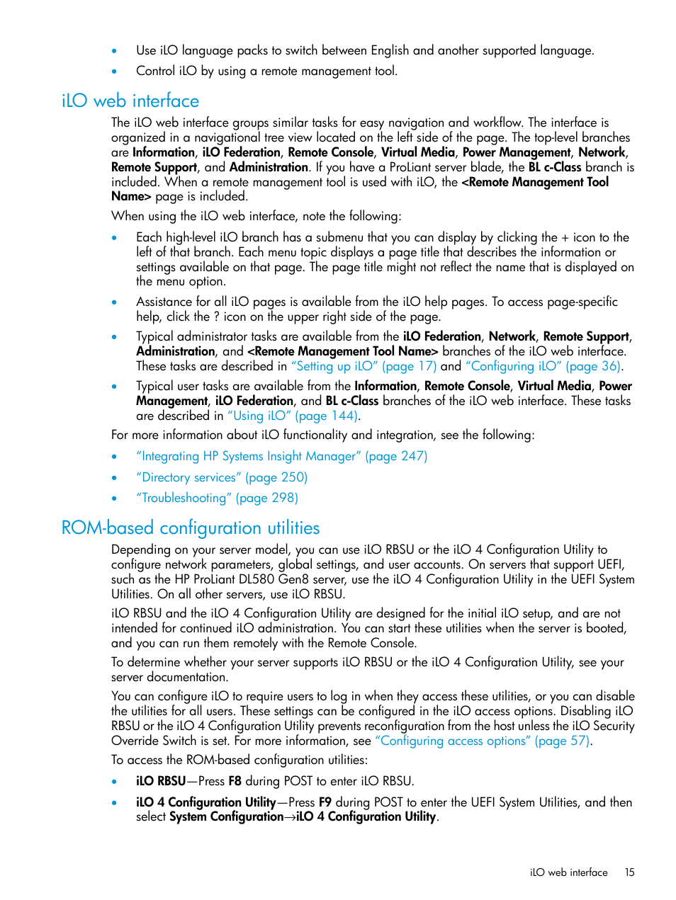 Ilo web interface, Rom-based configuration utilities | HP Integrated Lights-Out 4 User Manual | Page 15 / 356