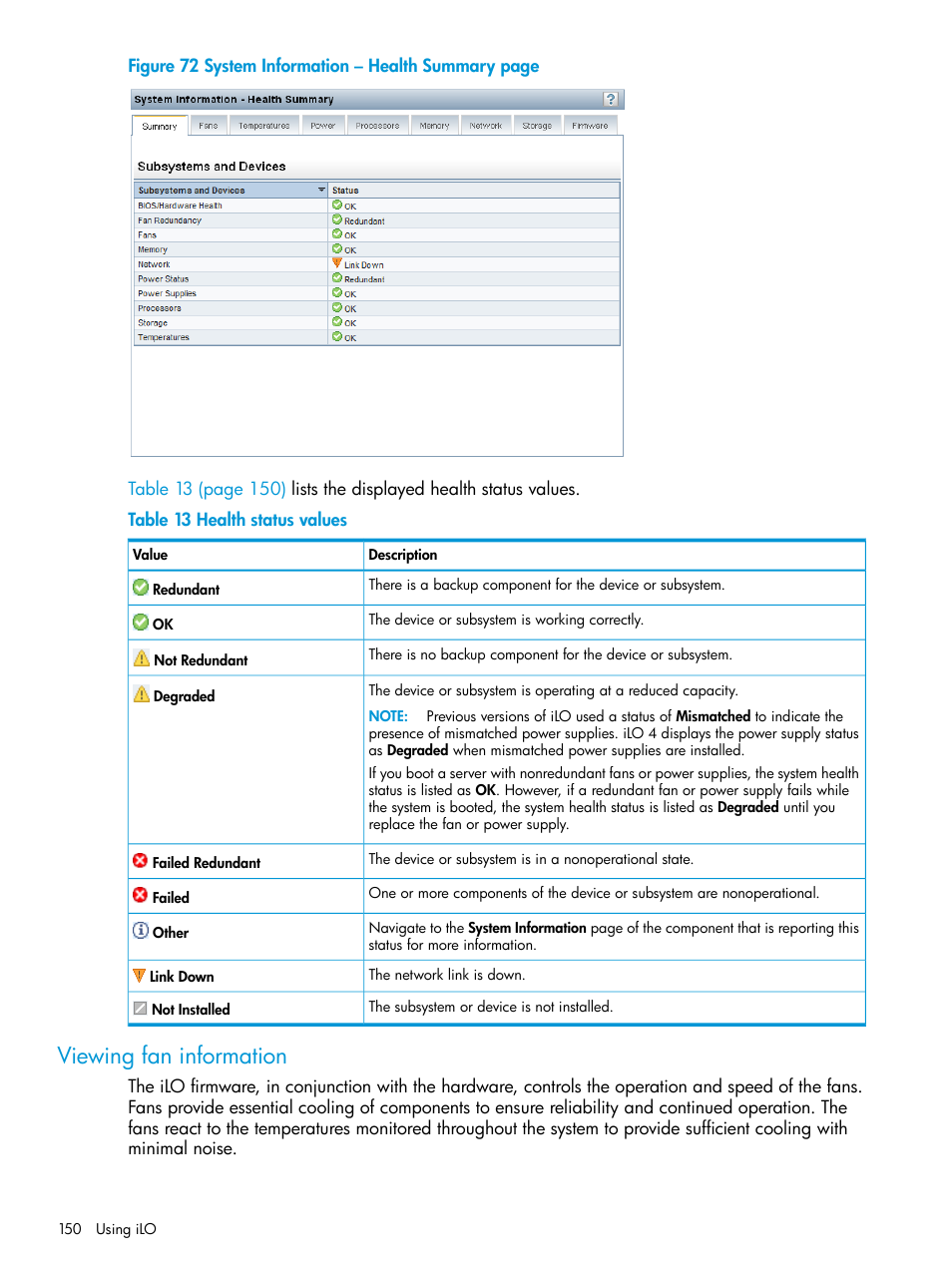 Viewing fan information | HP Integrated Lights-Out 4 User Manual | Page 150 / 356