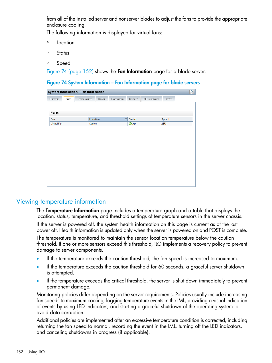 Viewing temperature information | HP Integrated Lights-Out 4 User Manual | Page 152 / 356