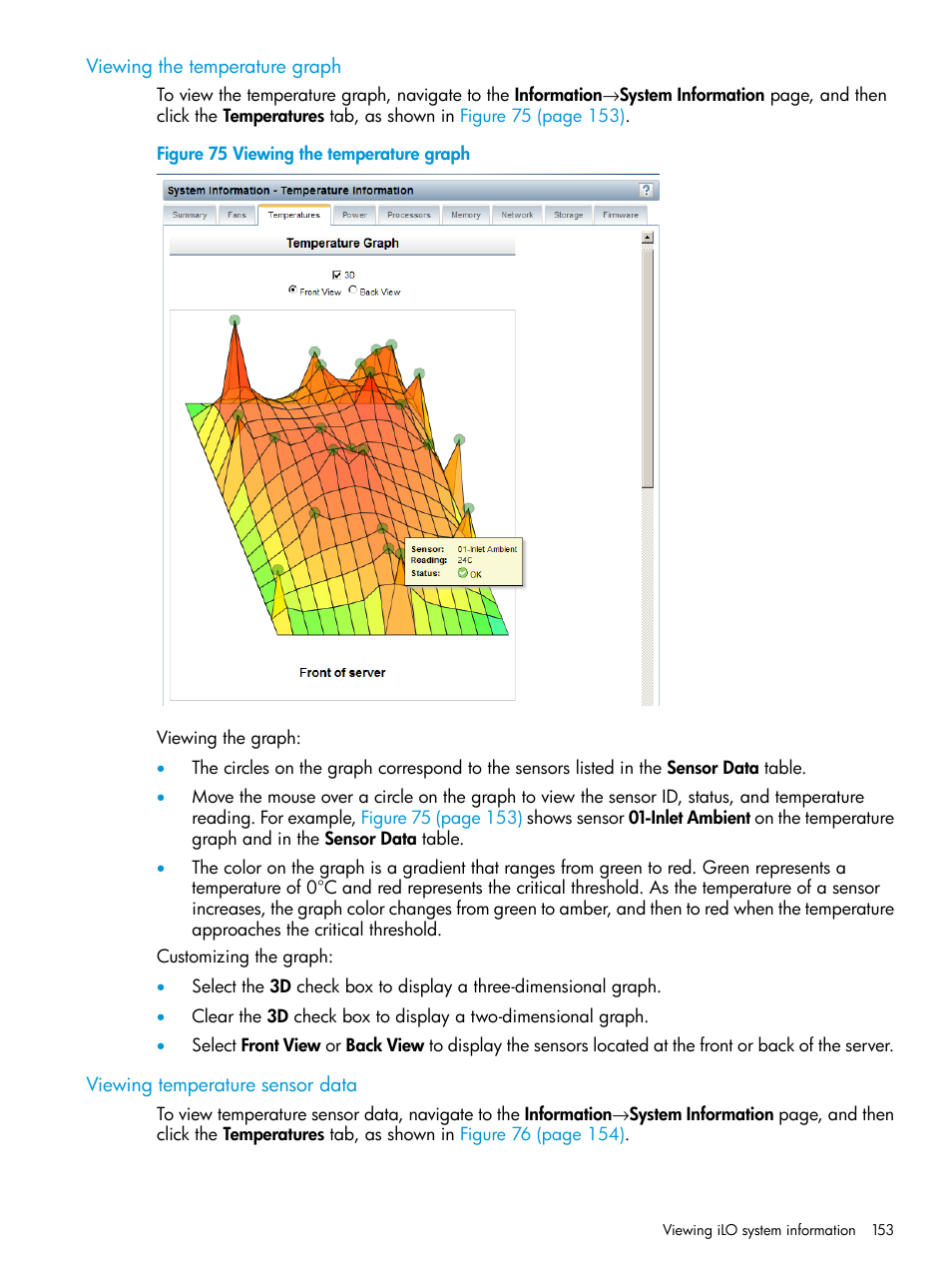 Viewing the temperature graph, Viewing temperature sensor data | HP Integrated Lights-Out 4 User Manual | Page 153 / 356