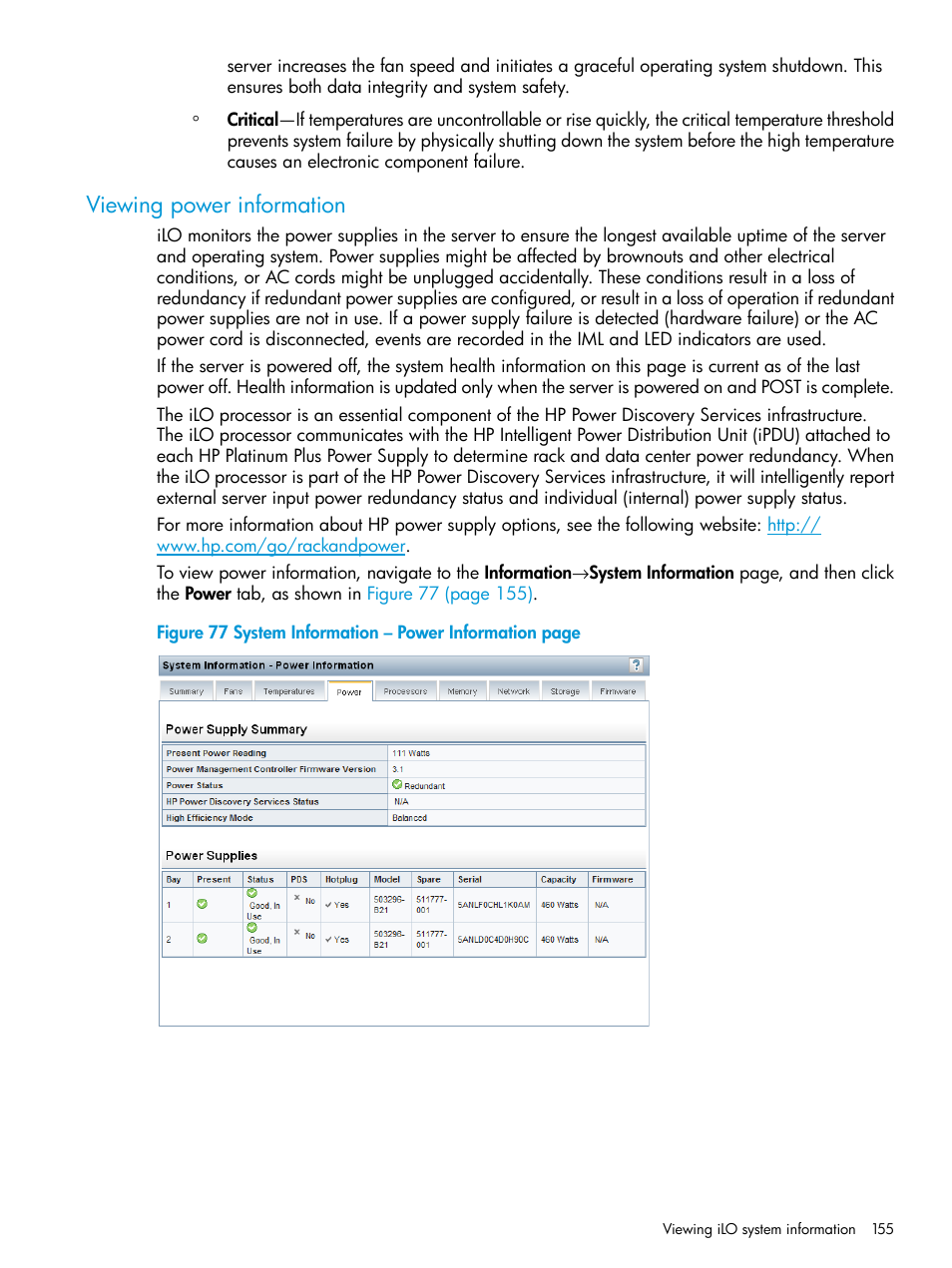 Viewing power information | HP Integrated Lights-Out 4 User Manual | Page 155 / 356