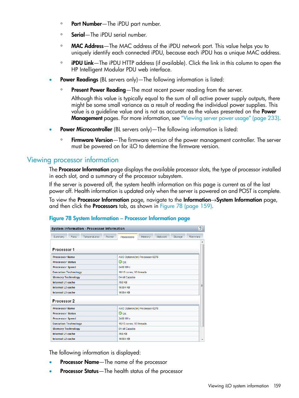 Viewing processor information | HP Integrated Lights-Out 4 User Manual | Page 159 / 356