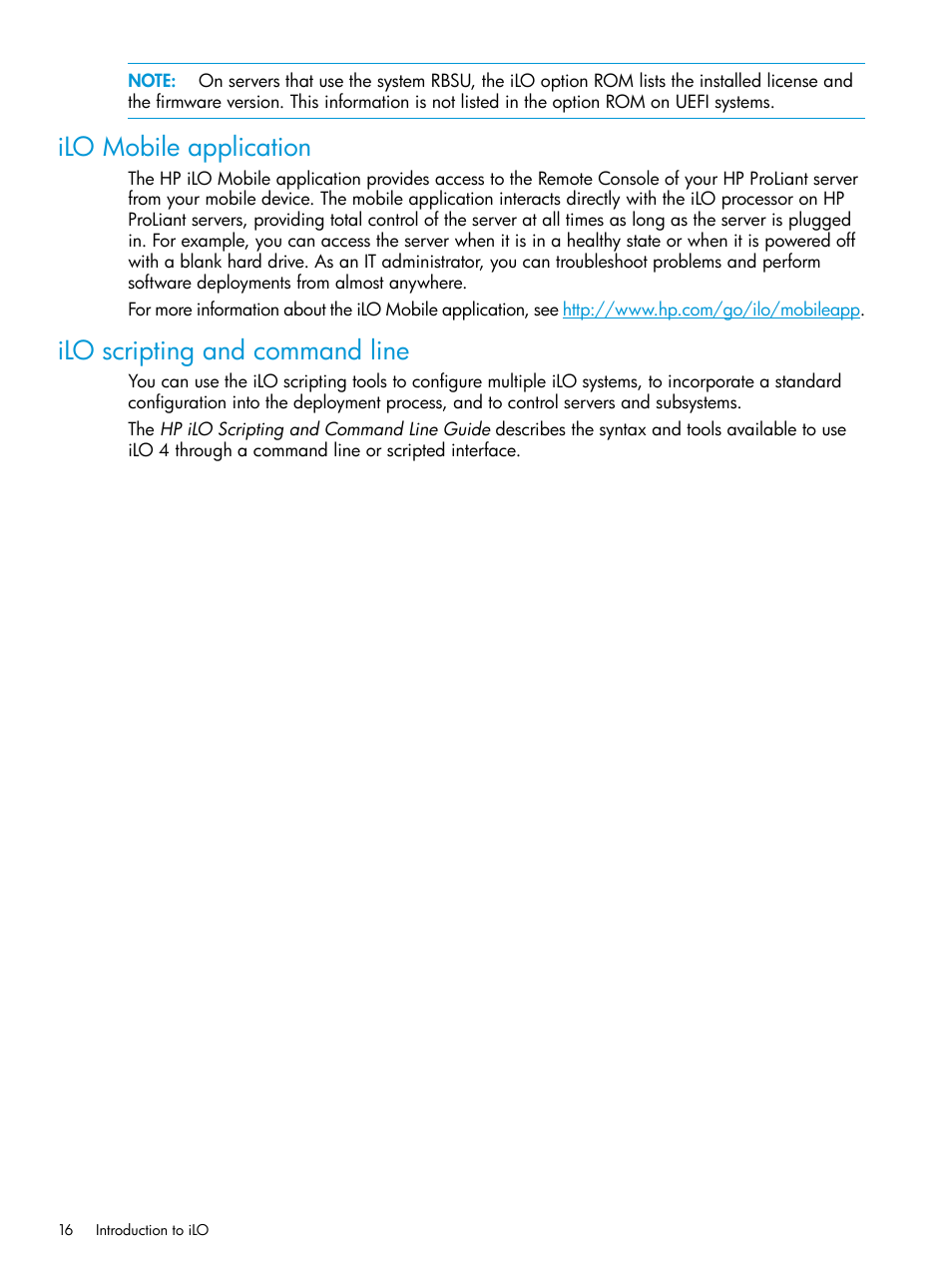 Ilo mobile application, Ilo scripting and command line | HP Integrated Lights-Out 4 User Manual | Page 16 / 356