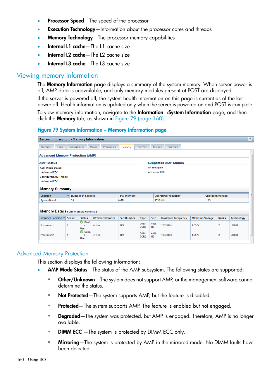 Viewing memory information, Advanced memory protection | HP Integrated Lights-Out 4 User Manual | Page 160 / 356