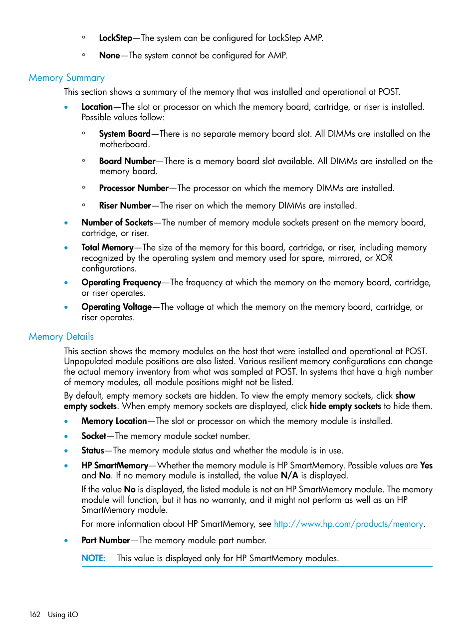 Memory summary, Memory details, Memory summary memory details | HP Integrated Lights-Out 4 User Manual | Page 162 / 356