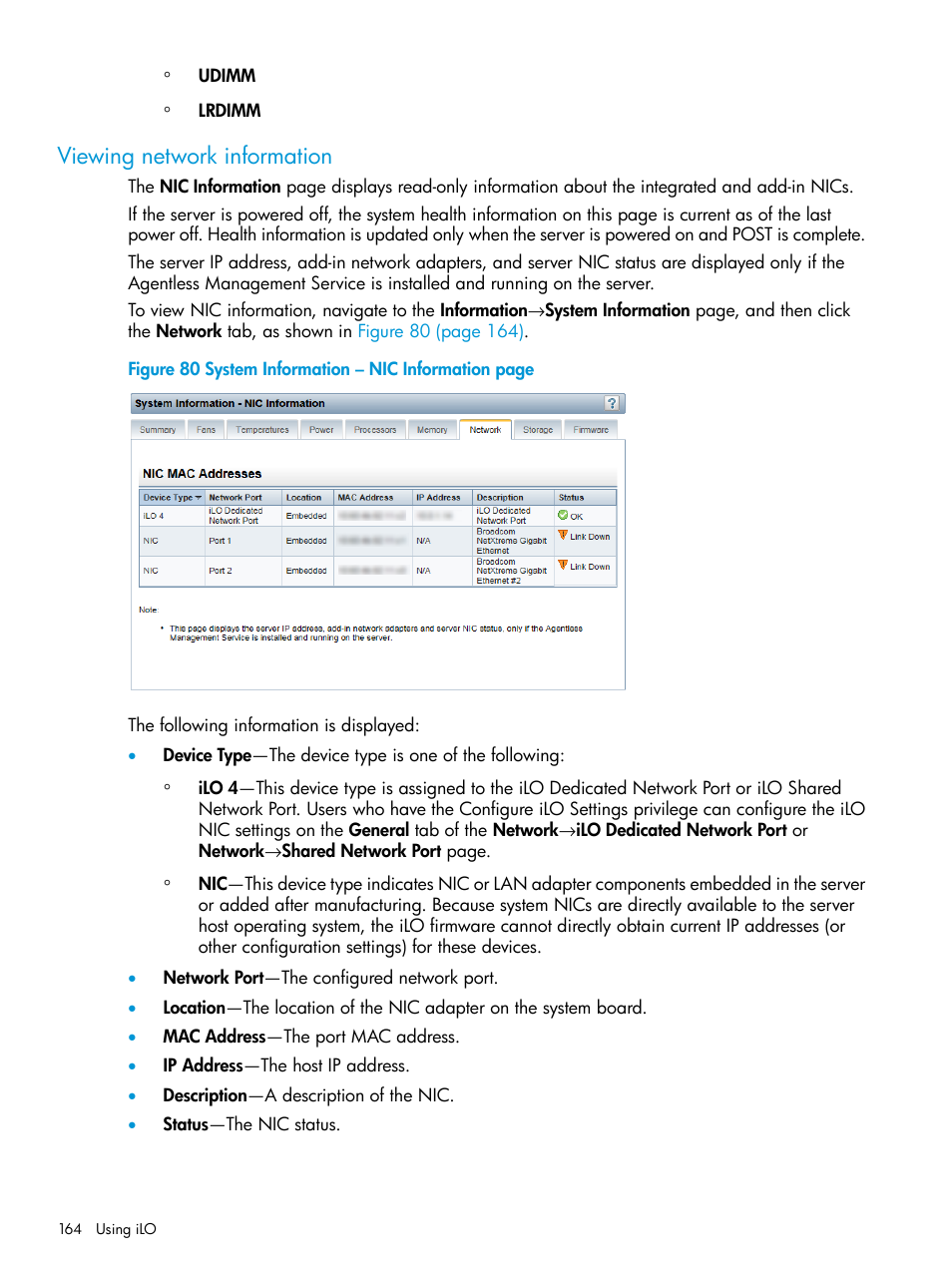 Viewing network information | HP Integrated Lights-Out 4 User Manual | Page 164 / 356