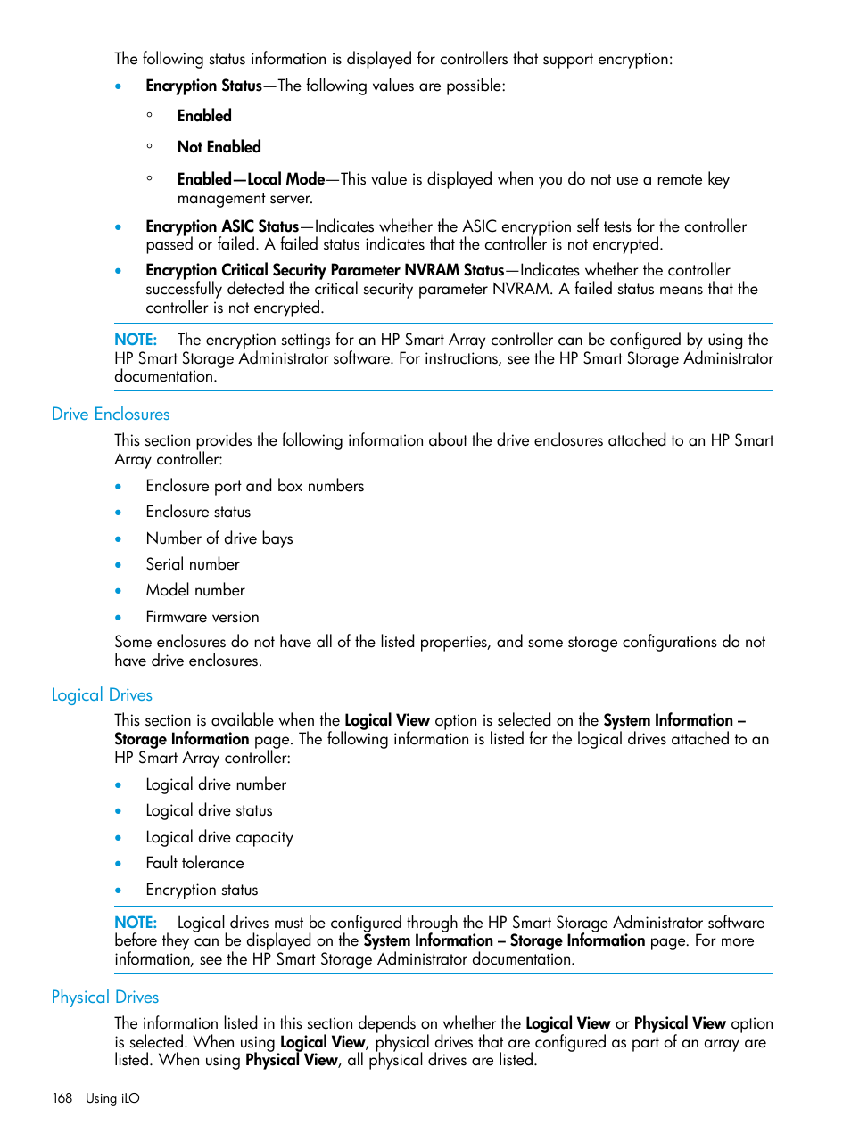 Drive enclosures, Logical drives, Physical drives | Drive enclosures logical drives physical drives | HP Integrated Lights-Out 4 User Manual | Page 168 / 356