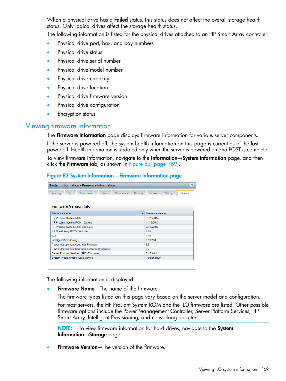 Viewing firmware information | HP Integrated Lights-Out 4 User Manual | Page 169 / 356