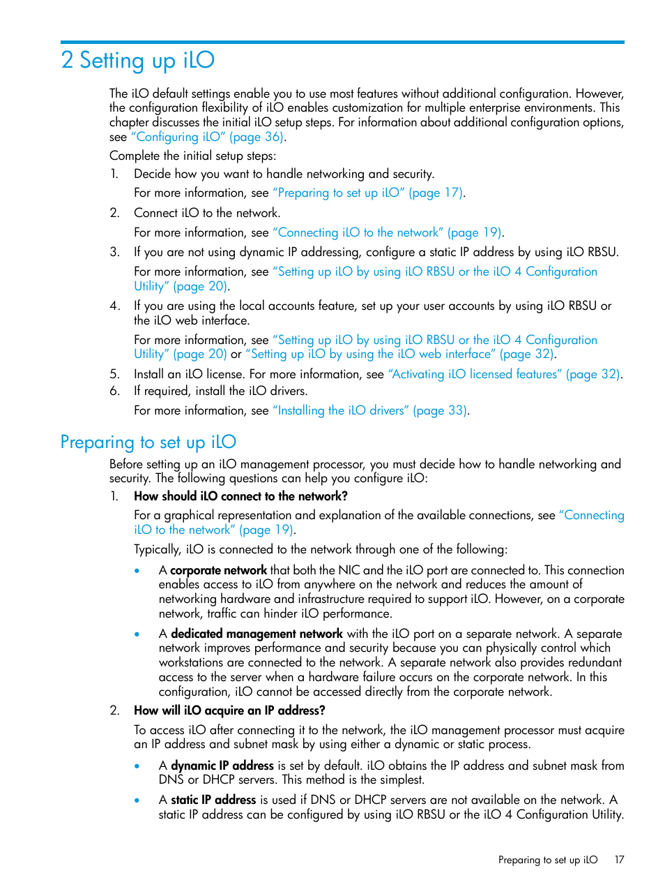 2 setting up ilo, Preparing to set up ilo | HP Integrated Lights-Out 4 User Manual | Page 17 / 356