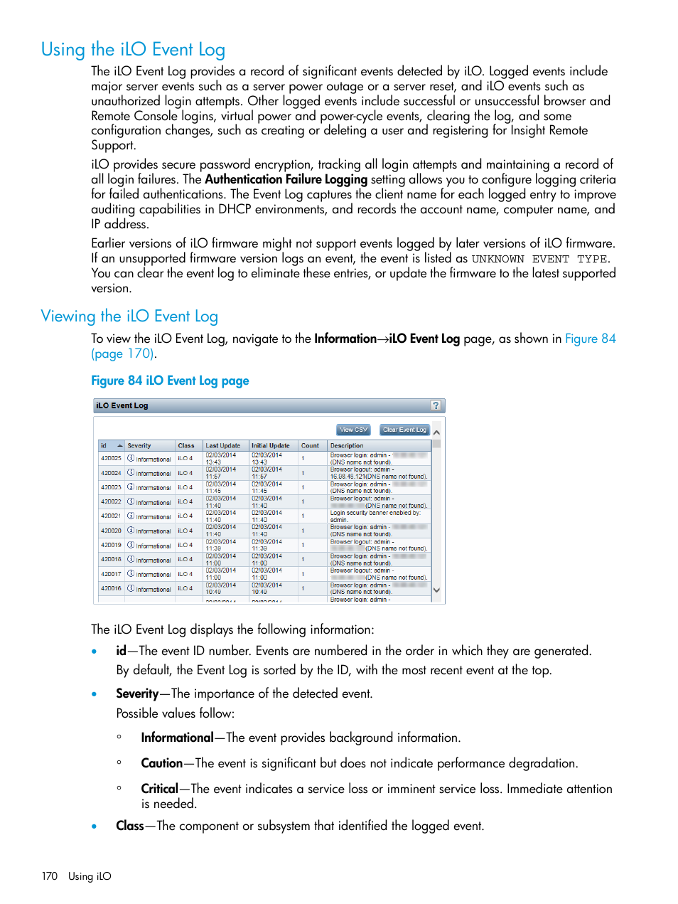 Using the ilo event log, Viewing the ilo event log | HP Integrated Lights-Out 4 User Manual | Page 170 / 356