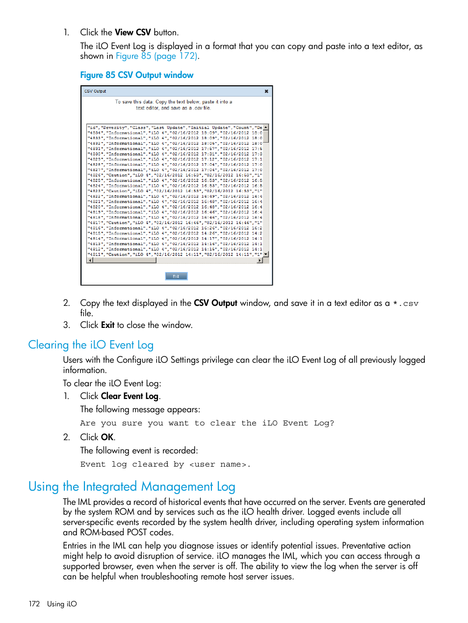 Clearing the ilo event log, Using the integrated management log | HP Integrated Lights-Out 4 User Manual | Page 172 / 356