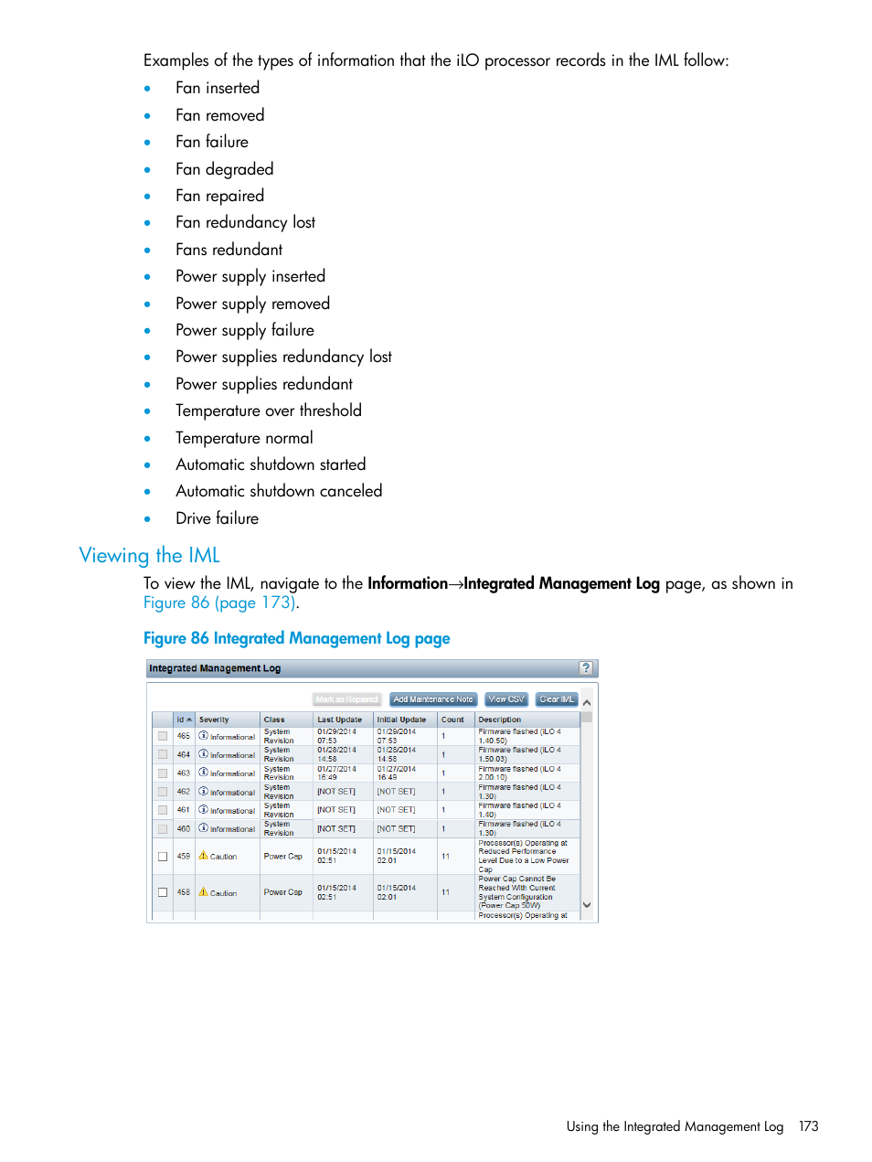 Viewing the iml | HP Integrated Lights-Out 4 User Manual | Page 173 / 356