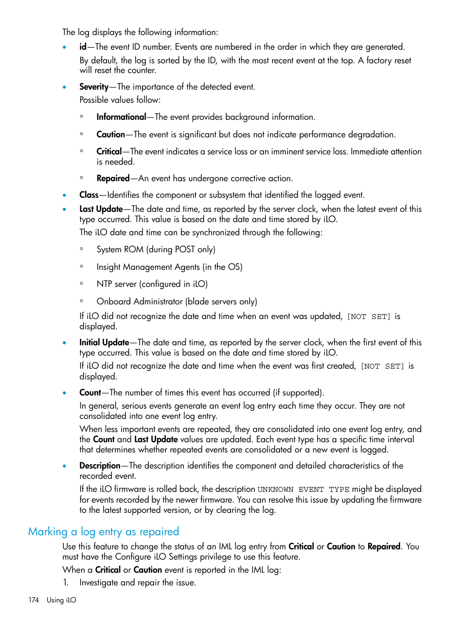 Marking a log entry as repaired | HP Integrated Lights-Out 4 User Manual | Page 174 / 356