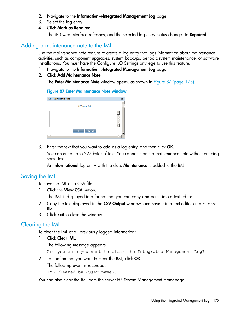 Adding a maintenance note to the iml, Saving the iml, Clearing the iml | HP Integrated Lights-Out 4 User Manual | Page 175 / 356