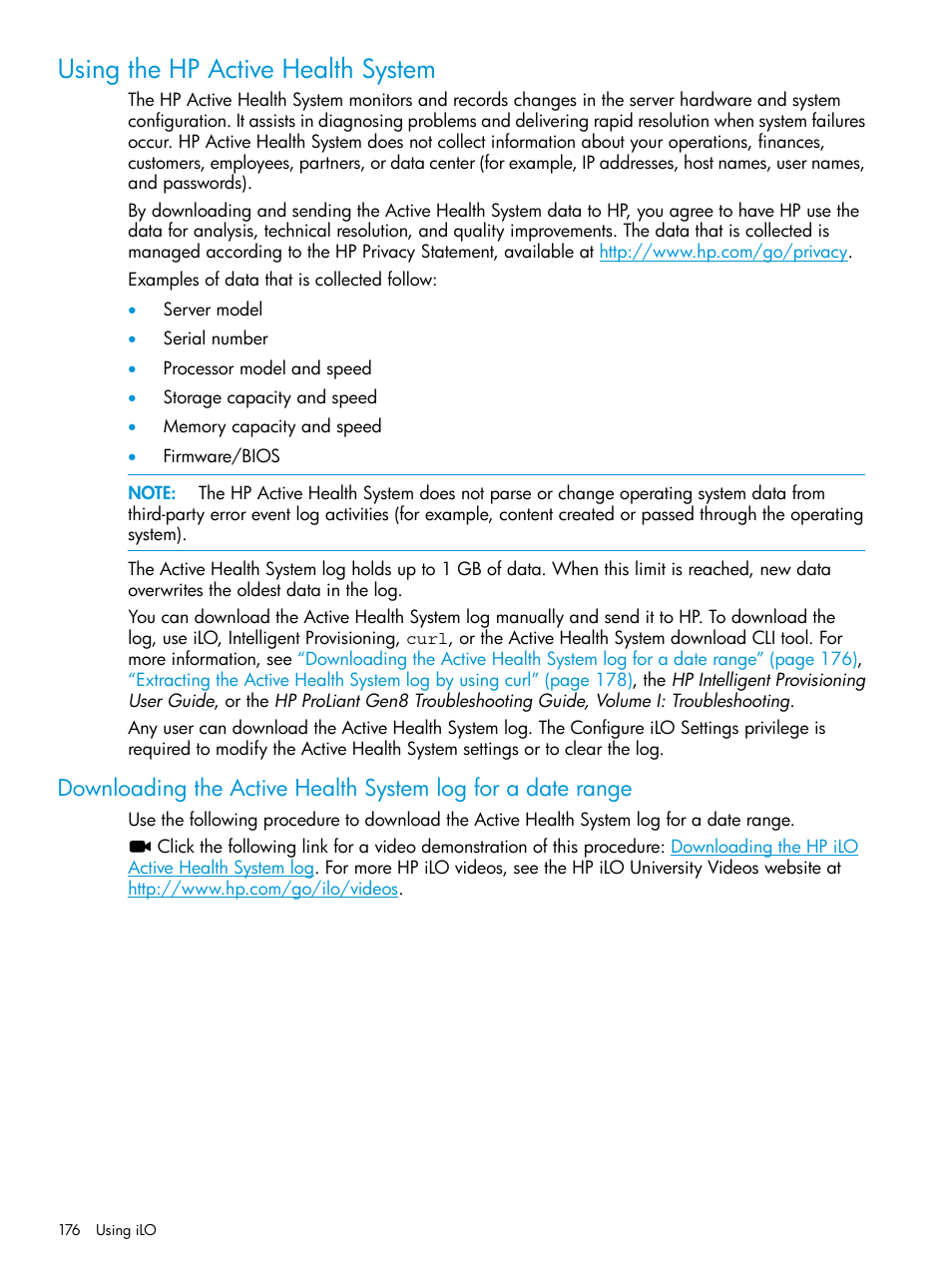 Using the hp active health system | HP Integrated Lights-Out 4 User Manual | Page 176 / 356