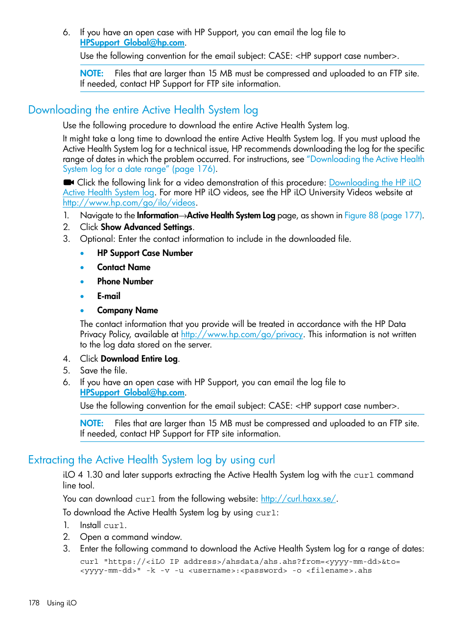 Downloading the entire active health system log | HP Integrated Lights-Out 4 User Manual | Page 178 / 356