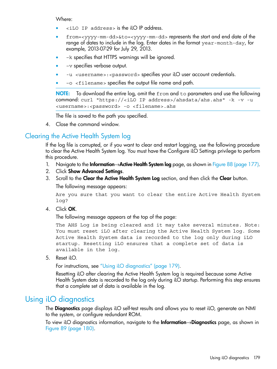 Clearing the active health system log, Using ilo diagnostics | HP Integrated Lights-Out 4 User Manual | Page 179 / 356