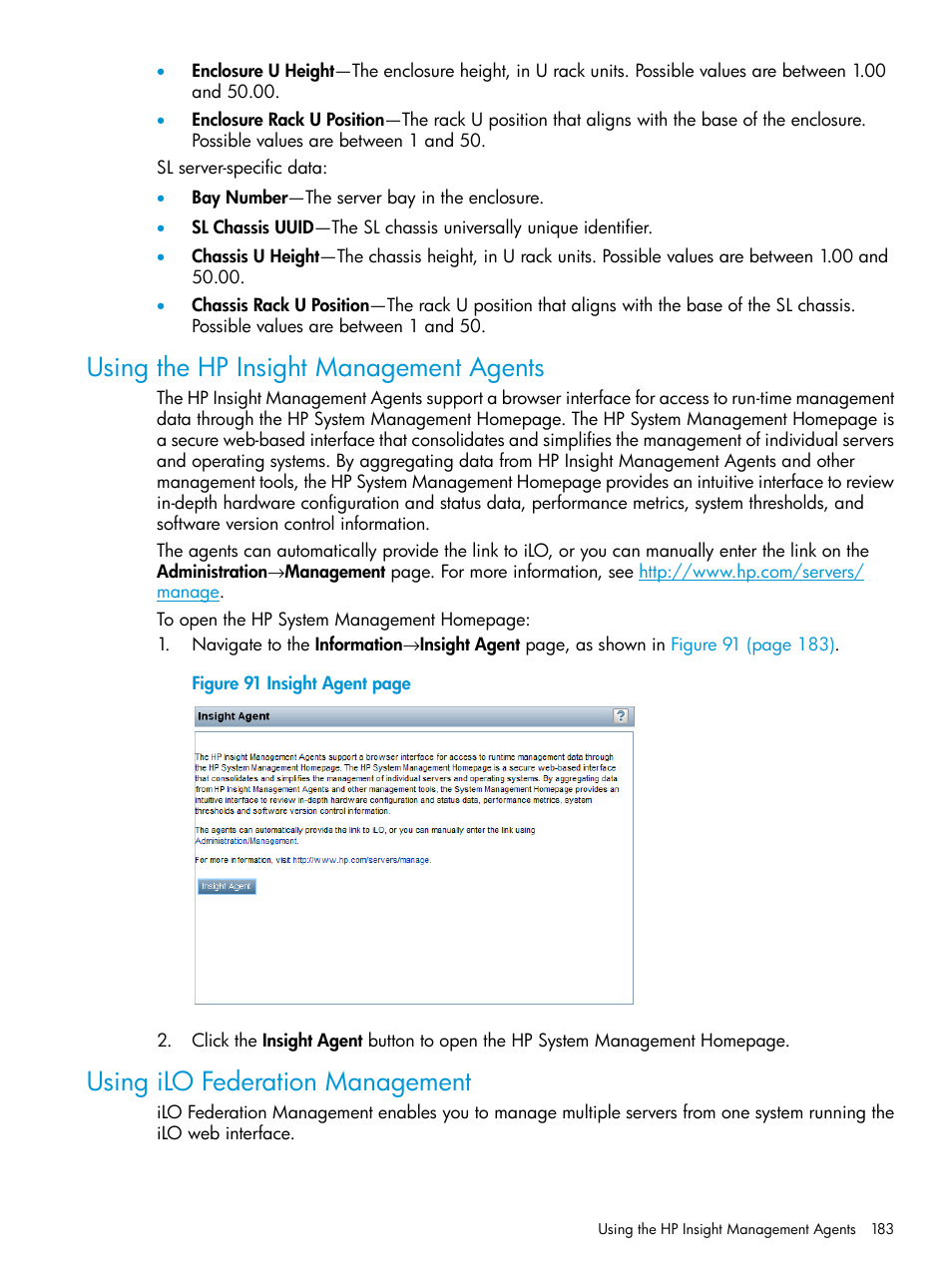 Using the hp insight management agents, Using ilo federation management | HP Integrated Lights-Out 4 User Manual | Page 183 / 356