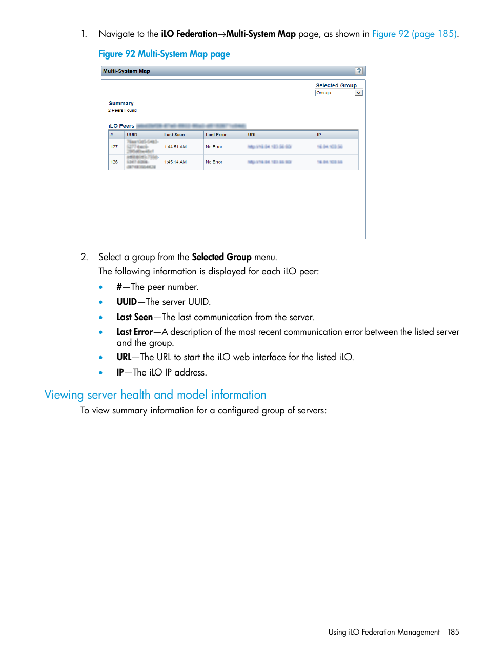 Viewing server health and model information | HP Integrated Lights-Out 4 User Manual | Page 185 / 356