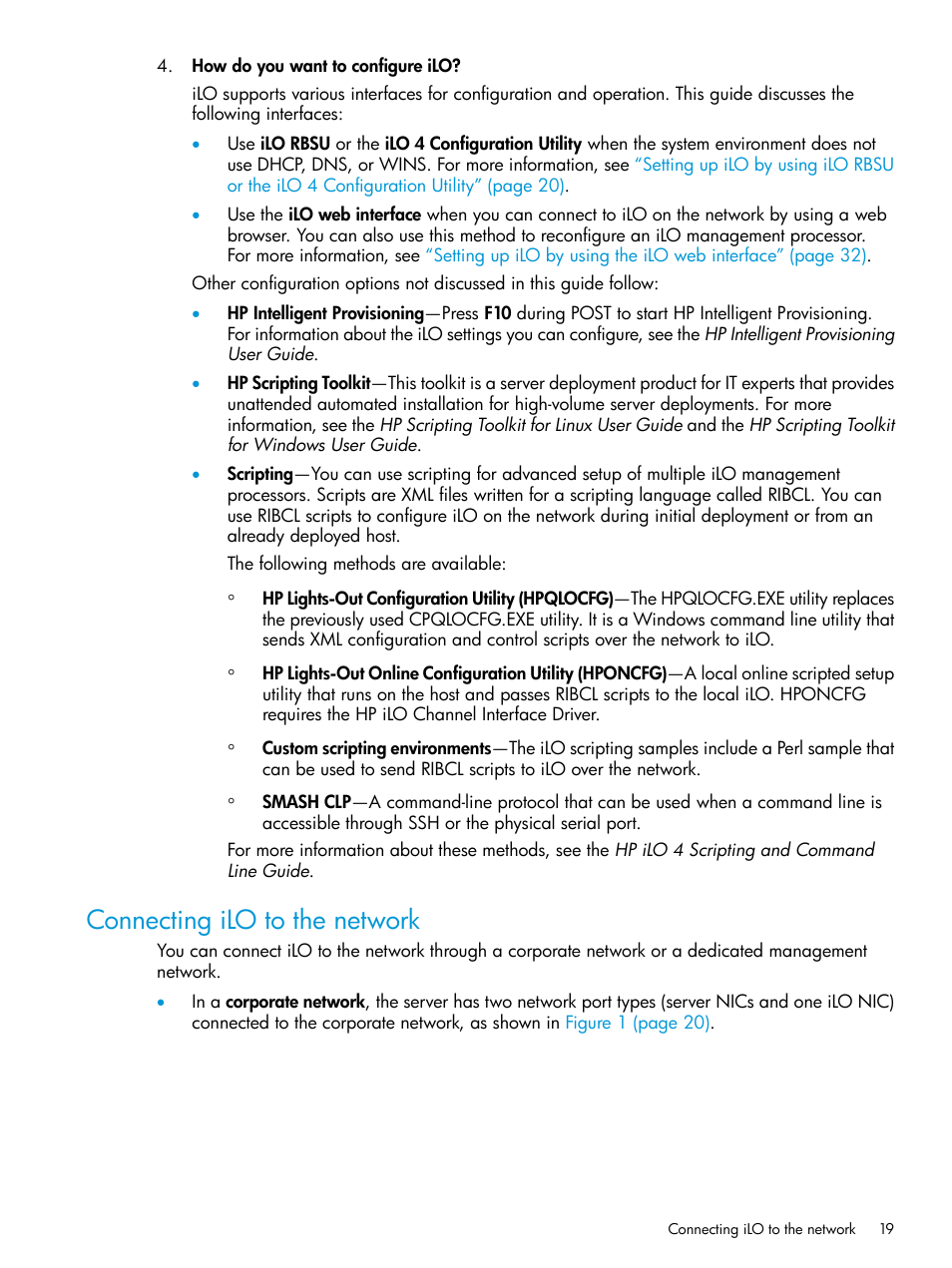 Connecting ilo to the network, Connecting | HP Integrated Lights-Out 4 User Manual | Page 19 / 356