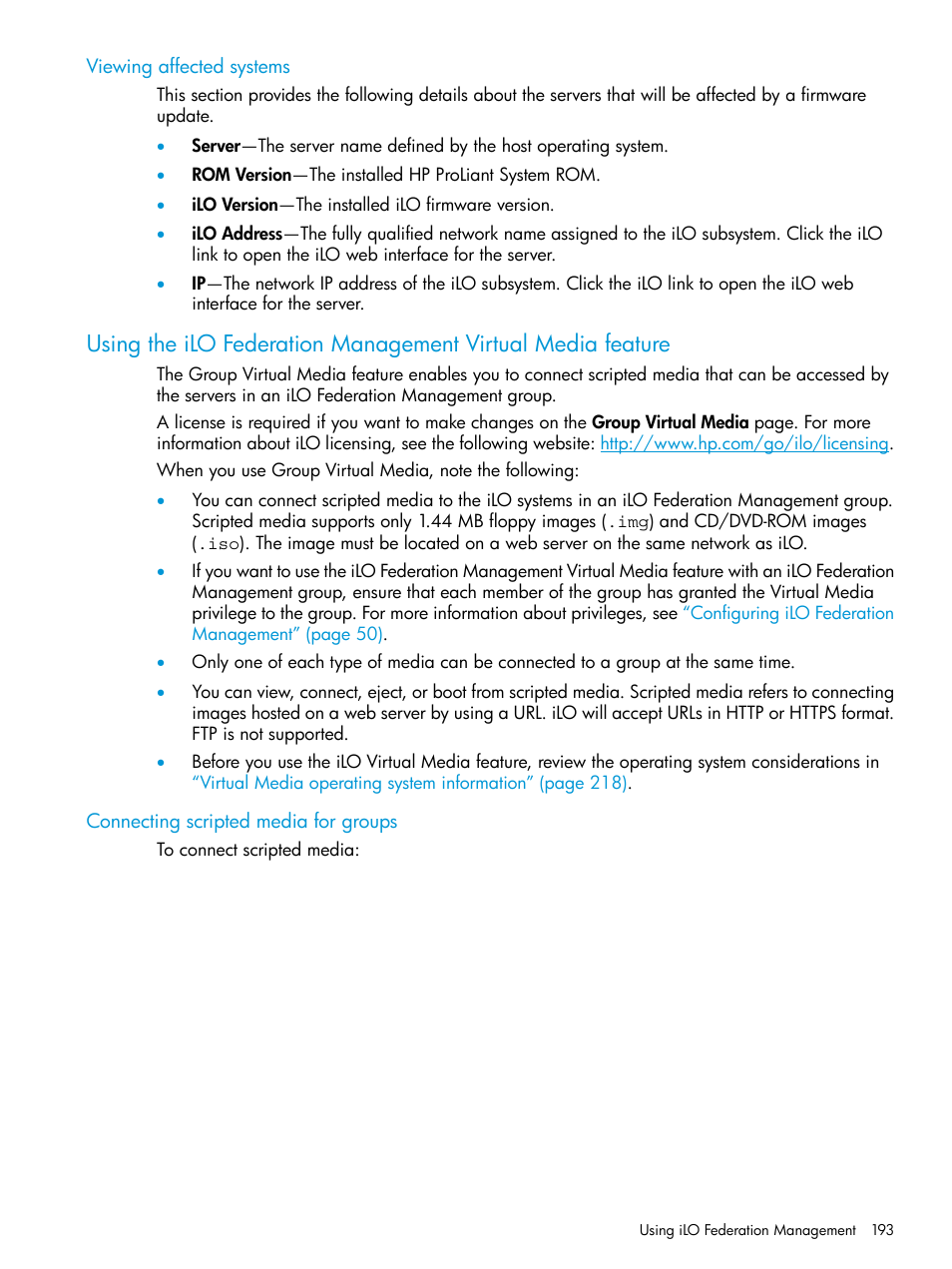 Viewing affected systems, Connecting scripted media for groups | HP Integrated Lights-Out 4 User Manual | Page 193 / 356