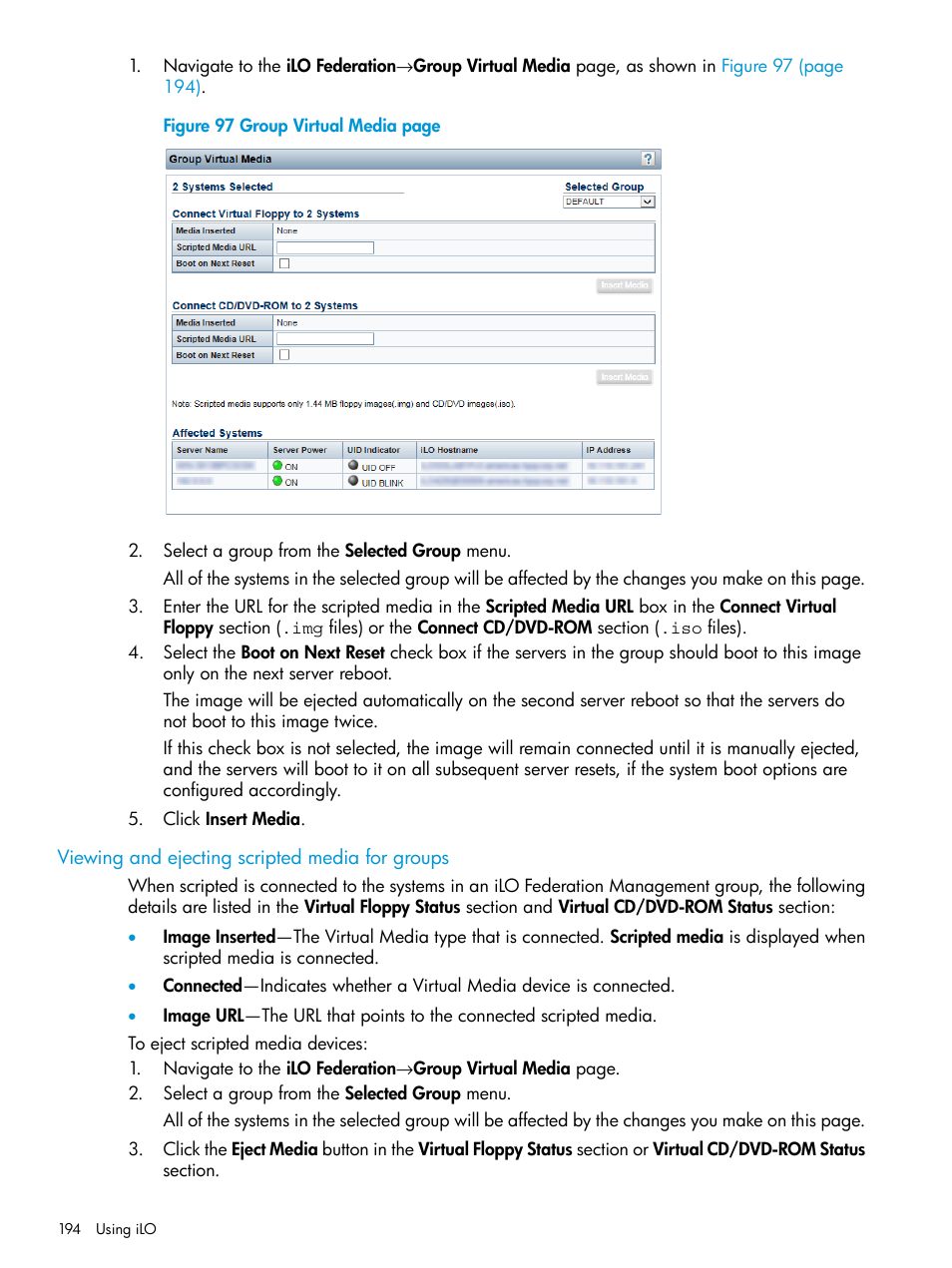 Viewing and ejecting scripted media for groups | HP Integrated Lights-Out 4 User Manual | Page 194 / 356