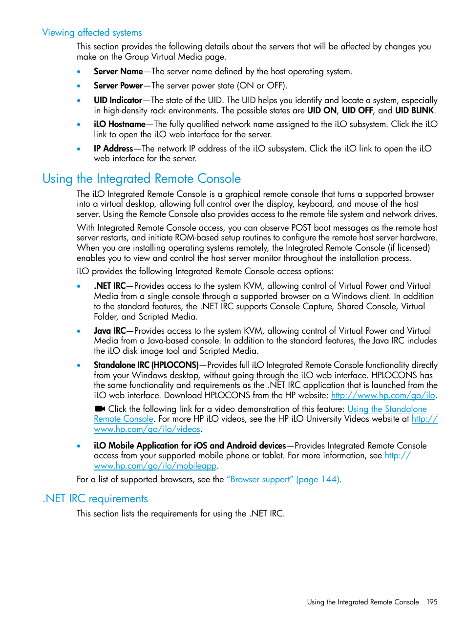 Viewing affected systems, Using the integrated remote console, Net irc requirements | HP Integrated Lights-Out 4 User Manual | Page 195 / 356