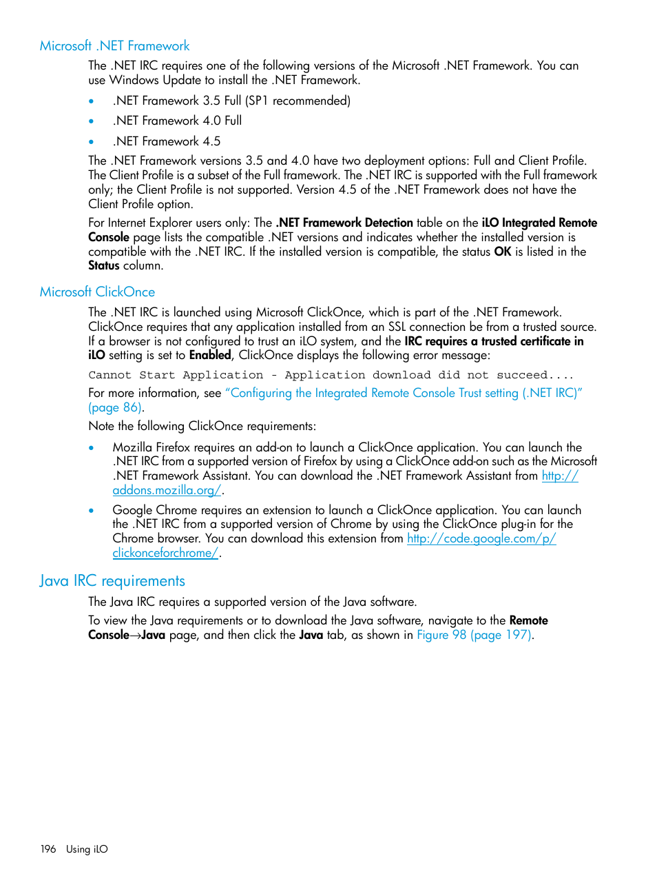 Microsoft .net framework, Microsoft clickonce, Java irc requirements | Microsoft .net framework microsoft clickonce | HP Integrated Lights-Out 4 User Manual | Page 196 / 356